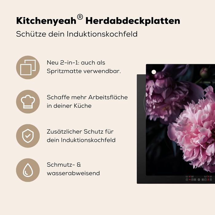 Фартух для плити, кухонний фартух, вініл, 78x52 см, декор для кухні, облицювання стіни, кришка для плити - сіро-чорна (квіти - рожеві, 52Д x 65Ш см)