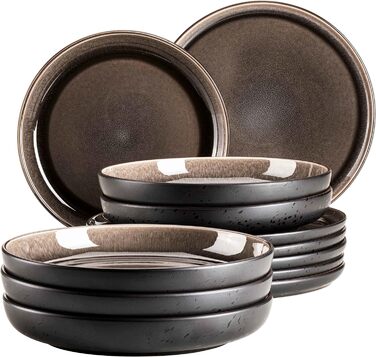 Сучасний набір посуду на 6 персон у захоплюючому вінтажному образі, сервіз посуду для сніданку з 18 предметів з кераміки сірого та чорного кольорів, керамограніт (набір тарілок 12 шт., сірий), 934020 Series Niara