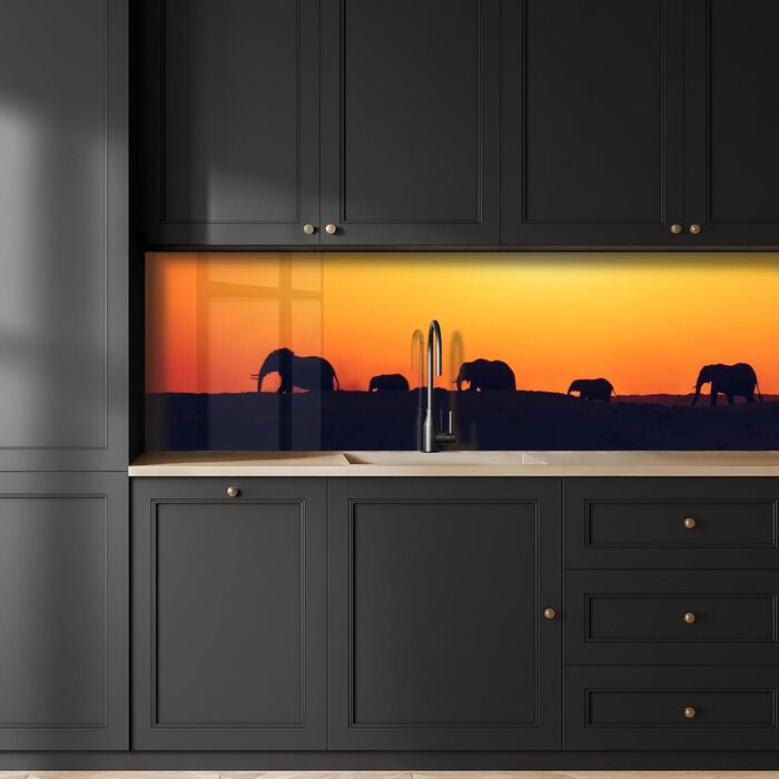 Кухонний фартух 60x80 см Самоклеючий настінний захисний екран для кухні Кухонний фартух Кухонні фасади Кухонні фартухи Кухонна стіна Вода - Пейзаж - (Слони - Захід сонця, 60 x 250 см)