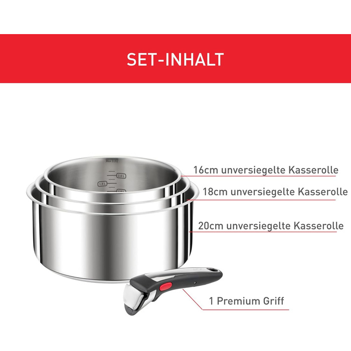 Набір посуду для індукційного приготування Tefal Ingenio Preference On з 15 предметів зі знімною ручкою, що штабелюється, економить місце, з антипригарним покриттям, простий у використанні та чищенні, L97495 Набір посуду для каструль та сковорідок (Набір