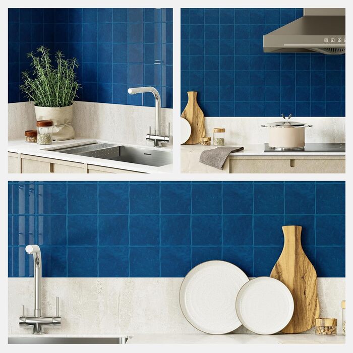 Штук 3D наклейки на плитку для ванної кімнати кухні, самоклеюча вінілова плитка, самоклеюча плівка для плитки, стінові панелі, ПВХ, плитка Metro, самоклеючий декор плитки 30x30, декор настінної плитки (10, 4 смужки темно-синій)