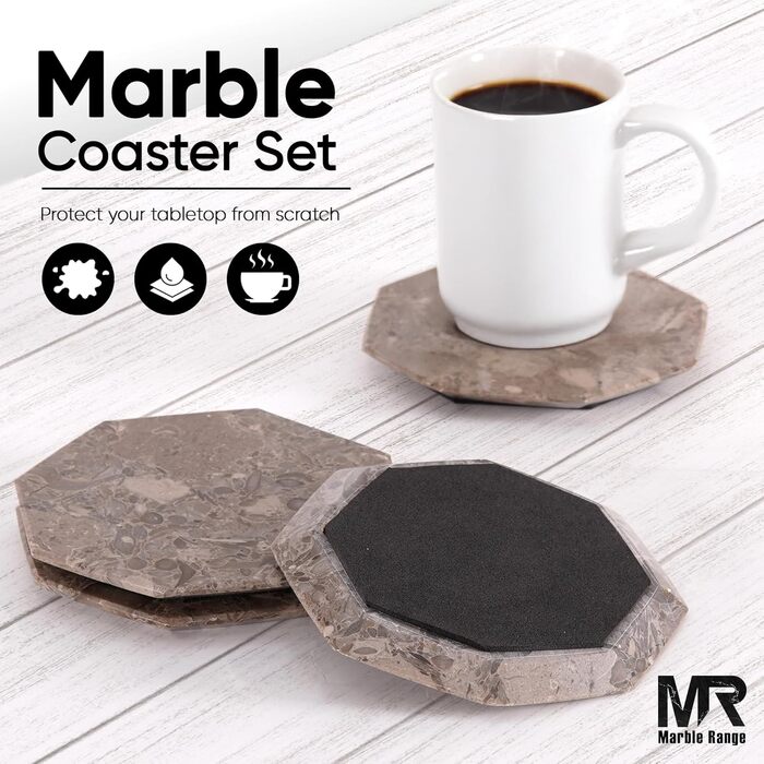 Підставки під чашки з мармуру з підставкою, 8.9 см, з оніксу, ручної роботи, для офісу, напоїв, кави та бару, на обідній стіл, набір з 6 шт. (Океанічний стиль)