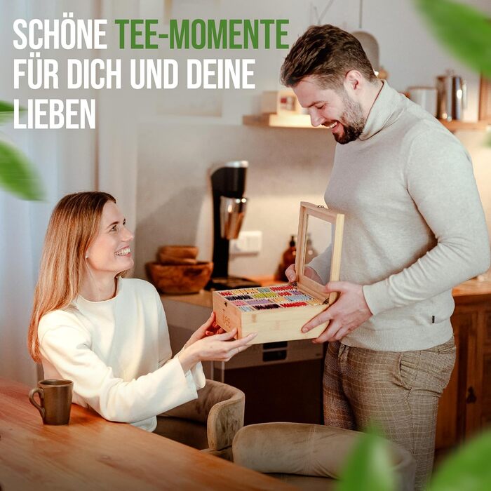 Чайна скринька преміум-класу NATURSCHMIED з вишневого дерева з 20 гнучкими відділеннями та оглядовим віконцем, (22,5 x 31 x 10 см) - посилені петлі міцна застібка - Елегантне сховище для чаю для справжніх любителів чаю (бамбук рівня А)