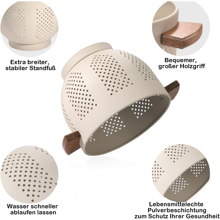 Металеве сито для пасти з дерев&39яною ручкою та стабільною основою, велике кухонне сито 22 см для пасти, овочів та фруктів, міцне кухонне сито (матовий пісочно-жовтий)