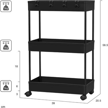 Тележка сервировочная на 3 полки, 39 x 59 x 22,5 см, черная Vialex