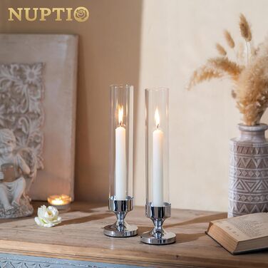 Скляний циліндричний свічник NUPTIO, скляний свічник - свічник-паличка, весільний стіл зі скляною стільницею без основи, ліхтар, скляний циліндричний свічник, свічка-паличка, День святого Валентина 31 см (набір з 2 шт., срібний)