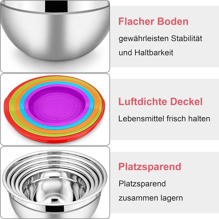 Чаша Herogo с крышкой, набор салатников из нержавеющей стали из 5 шт., размер 4,5 л / 2,7 л / 1,5 л / 1,2 л / 0,7 л, штабелируемая миска для смешивания и сервировки на кухне, включает принадлежности для выпечки, можно мыть в посудомоечной машине Красочный