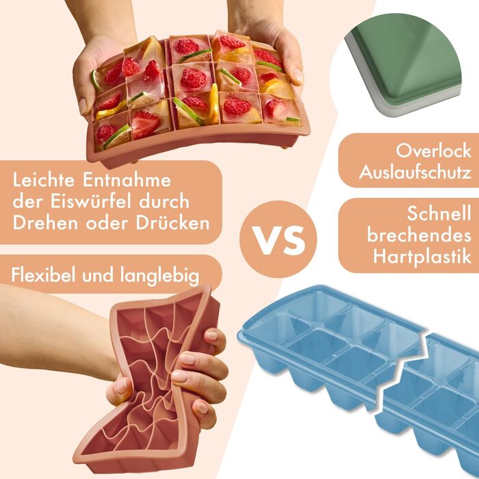 Силіконові формочки для льоду Blumtal, набір з 3 шт. - форма для льоду на 24 кубики з кришкою - силіконова форма для льоду без бісфенолу А - форма для льоду, безпечна для харчових продуктів - сіро-блакитна великі кубики (оливково-зелений червоний, кубики 