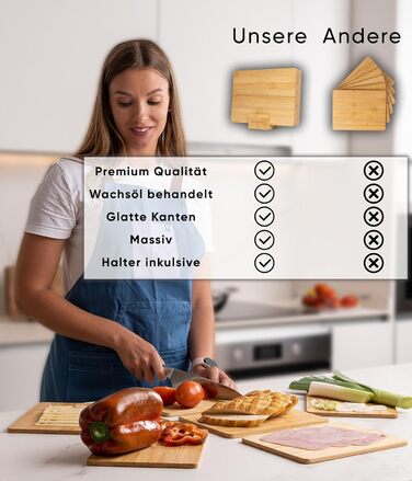 Набір дерев'яних обробних дощок Deco haus з міцної акації 2 см завтовшки - дошки з жолобком для соку - кухонні дерев'яні дошки 40x30, 33x24, 26x18 см - набір дерев'яних дощок (6 шт., бамбук)