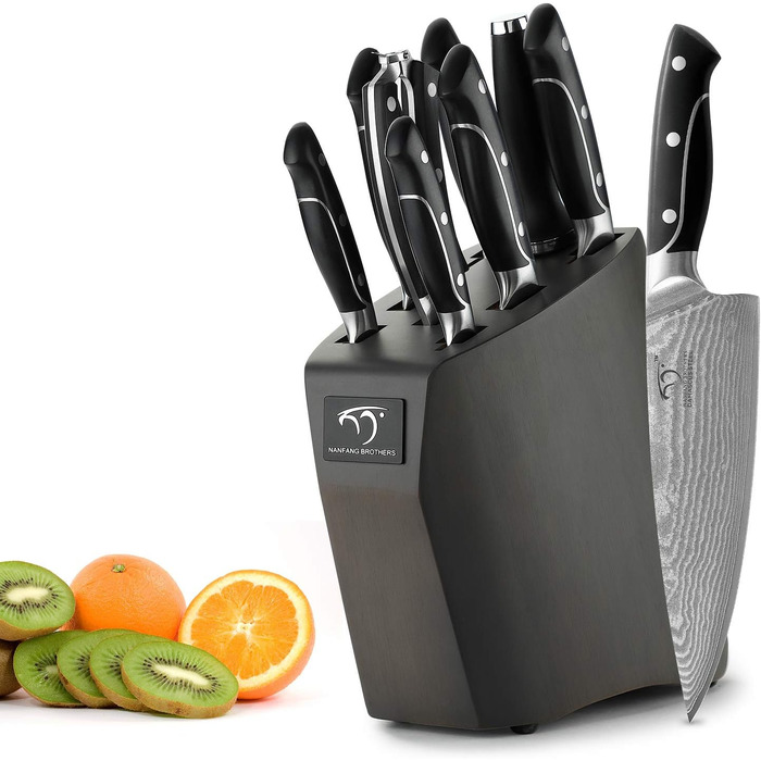 Набір кухонних ножів Damast 9er з блоком для ножів з бука, професійні кухарські ножі, набір кухонних ножів VG10 з гострими лезами (дуб)