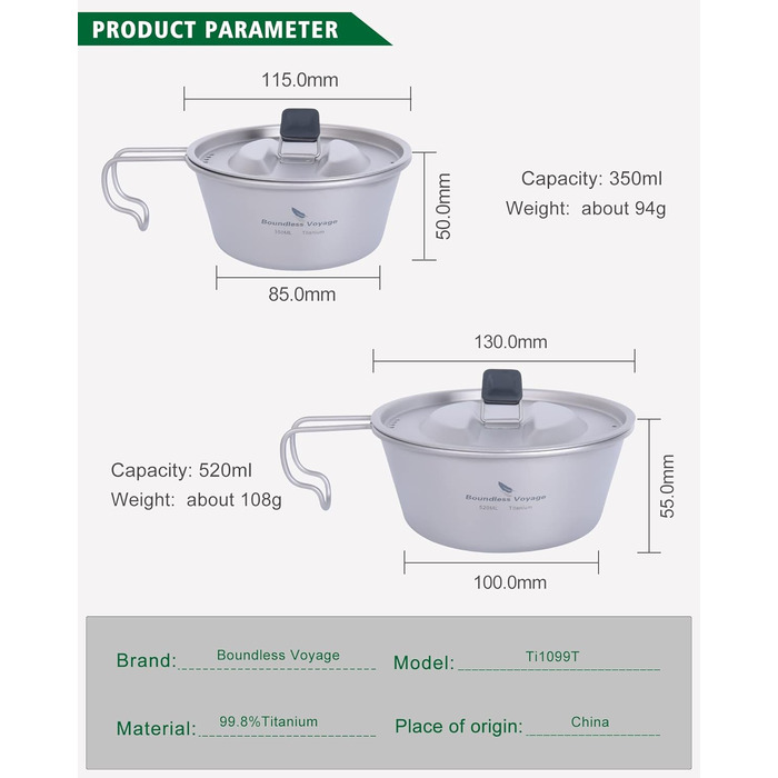 Титанова миска 520 мл Чаша Sierra Bowl Кемпінгова кружка з кришкою та ручкою для підвішування Відкритий горщик Похідна портативна чашка Посуд Легкий туристичний посуд Набір для приготування їжі Ti1098T (350 мл 520 мл Ti1099t)