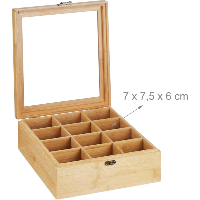 Чайна коробка Relaxdays, 12 відділень, бамбук, ВxШxГ 9,5 x 26,5 x 28,5 см, для чаю та кави в капсулах, контейнер для чаю з кришкою, натуральний колір