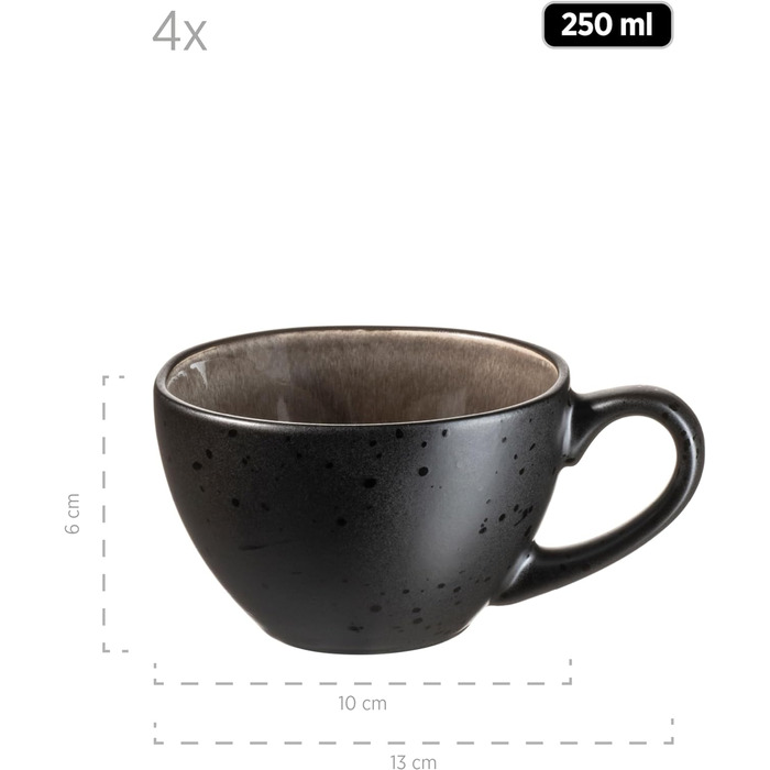 Серія Niara Organic, сучасний набір кавових чашок для 4 осіб у захоплюючому вінтажному образі, набір чашок для кави з 8 предметів зі спеціальним поєднанням глазурі чорного та коричневого кольорів, керамограніт, 934071