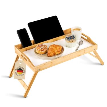 Бамбуковий піднос Blumtal з дерев&39яною підставкою для планшетів/телефонів - Піднос для сніданку для ліжка - Складаний столик для ліжка 50 x 30 x 6 см - Столик для ноутбука для дивана - Міцний піднос для дивана, білий