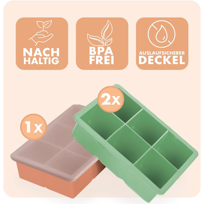 Силіконові формочки для льоду Blumtal, набір з 3 шт. - форма для льоду на 24 кубики з кришкою - силіконова форма для льоду без бісфенолу А - форма для льоду, безпечна для харчових продуктів - сіро-блакитний великі кубики (оливково-зелений червоний, XXL ку