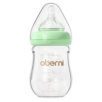 Скляні дитячі пляшечки Oberni з силіконовою соскою, розмір 1, пляшечка для молока з широким горлом, дитяча пляшечка з антиколіковим клапаном для новонароджених від 0 місяців, 150 мл, синя, (зелена/)