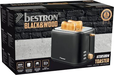 Тостер Bestron з 2 камерами для обсмажування, піддоном для крихт і насадкою для смаження булочок хліба, 1 000 Вт, нержавіюча сталь під вигляд (чорний / дерев'яний, одинарний)
