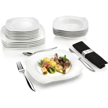 ПЕВЕЦ Столовый сервиз Avalon в белом цвете, набор посуды из 18 предметов на 6 персон из фарфора, тарелка изогнутая конструкция Столовый сервиз 18 шт.