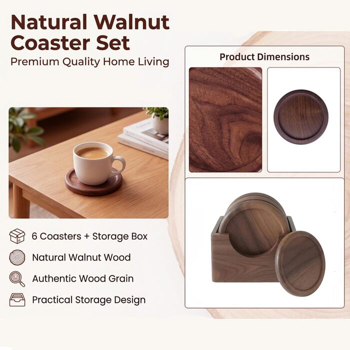 Набір підставок під склянки з горіхового дерева 6 шт OFFASST