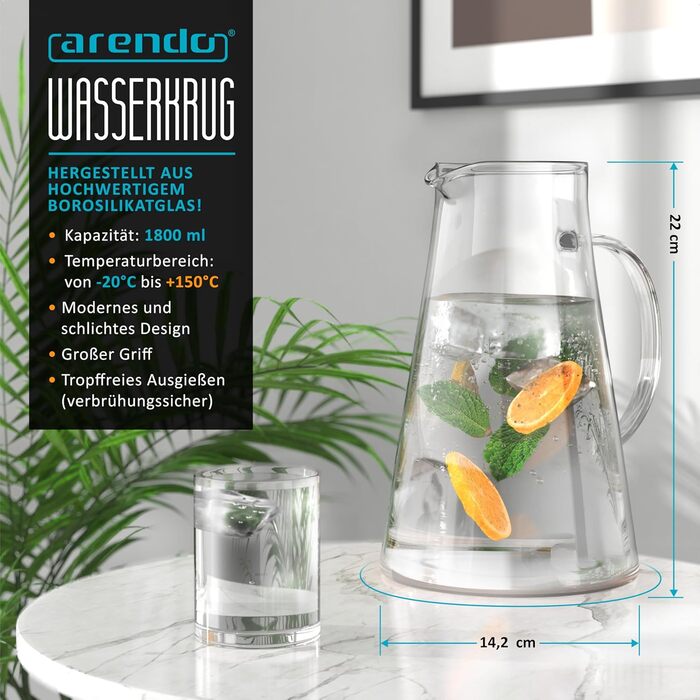 Скляний глечик з боросилікатного скла 1,9 л Arendo