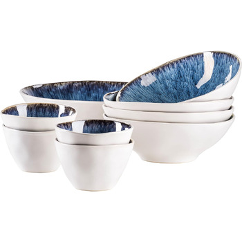 Набор из 9 замороженных мисок серии MSER из красивой керамики, 1 салатница, 4 миски для рамена и 4 миски для соуса, органические формы в винтажном виде, ручная глазурь, керамогранит, синий, 26