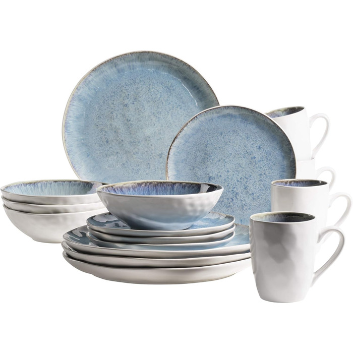 Заморожений набір керамічного посуду серії MSER для 4 осіб, комбінований сервіз із 16 предметів з органічними формами, кольоровий сервіз, керамограніт (синій)