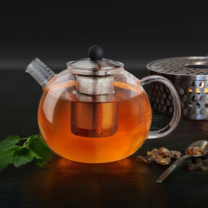 Стеклянный чайник Creano 1,3 л, стеклянный чайник из 3 частей со встроенным ситечком из нержавеющей стали и стеклянной крышкой, идеально подходит для приготовления чая наливом, без капель, все в одном (1,0 л)