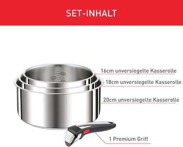 Набір посуду для індукційного приготування Tefal Ingenio Preference On з 15 предметів зі знімною ручкою, що штабелюється, економить місце, з антипригарним покриттям, простий у використанні та чищенні, L97495 Набір посуду для каструль та сковорідок (Набір 