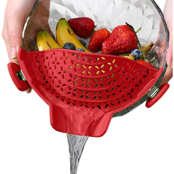 Силіконовий друшляк Fulenyi із застібкою, насадка для пасти для каструль, сковорідок та мисок, кухонне ситечко, яке можна мити в посудомийній машині, друшляк для зливання води ідеальний засіб для зливання пасти та овочів (червоний)