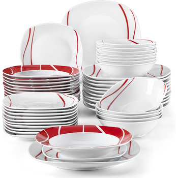 Серія Felisa, 24 предмети Набір порцелянового столового сервізу з 6 плоскими тарілками, 6 тарілками для тортів, 6 тарілками для супу та 6 мисками на 6 осіб (48 предметів обідній сервіз з мисками)