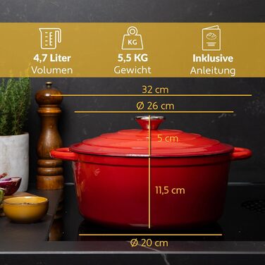 Чавунна каструля Chefarone 24 см, Емальована каструля з кришкою для випікання хліба, тушкування та запікання Хлібна каструля, сумісна з індукцією (червона, 4,7 л)