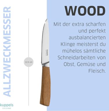 Набір кухонних ножів Kuppels WOOD, 3 предмети ніж шеф-кухаря, ніж універсальний та ніж для овочів з ручкою з акації. Надзвичайно гострий набір ножів з хромо-ванадієвої сталі, професійний набір для обробки овочів та мяса (універсальний ніж).