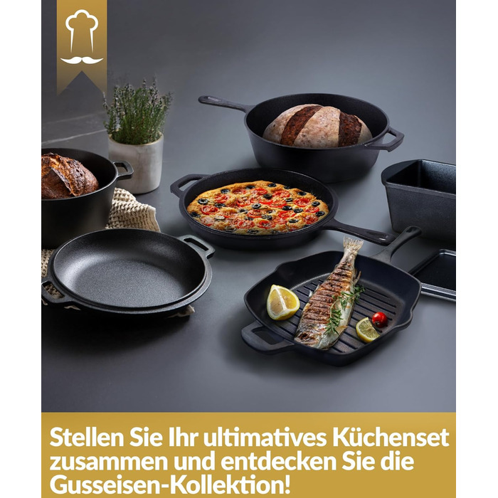 Чавунна форма для хліба Chefarone з кришкою - форма для хліба та тістечок - прямокутна форма для випікання та запікання - чавунна каструля для випікання хліба - 28 x 12 см (гриль)