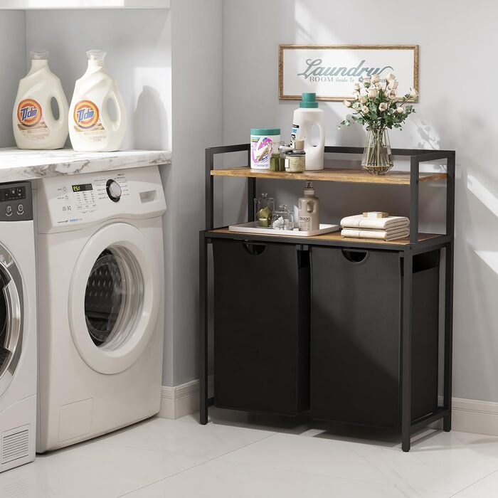 Кошик для білизни Lifewit, відро для білизни, 95 л, легко знімається, кошик для білизни з великою полицею зверху, 2 знімні кишені, ручки, кошик для білизни 2 відділення, пральня, спальня, ванна кімната, гуртожиток, чорний