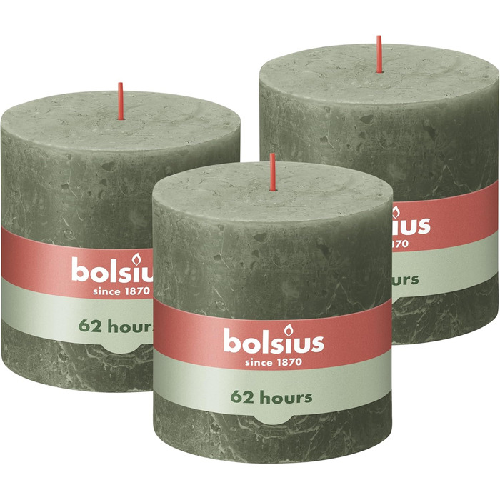 Свічка Bolsius Rustic Pillar XXL - 3 шт. и - 10 x 10 см - Декоративні побутові свічки - Час горіння 62 години - Без запаху - Містить натуральний рослинний віск - Без пальмової олії (темно-зелена)