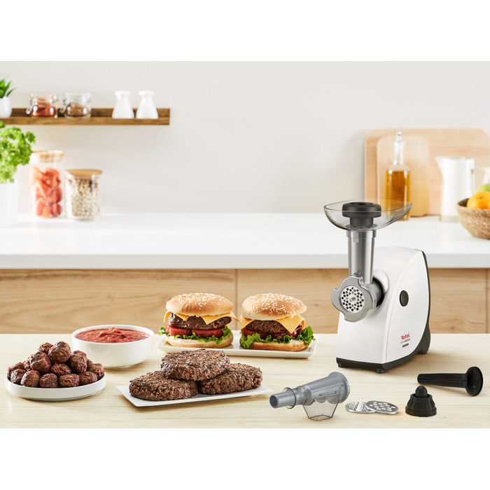 Tefal М'ясорубка HV4, 2000Вт, 2.3кг/хв, 3 решітки, насадка для ковбас, кеббе, томатів, пластик, біло-чорний NE463138