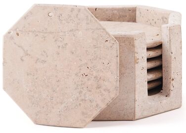 Підставки під чашки з мармуру з підставкою, 8.9 см, з оніксу, ручної роботи, для офісу, напоїв, кави та бару, на обідній стіл, набір з 6 шт. (Травертин)