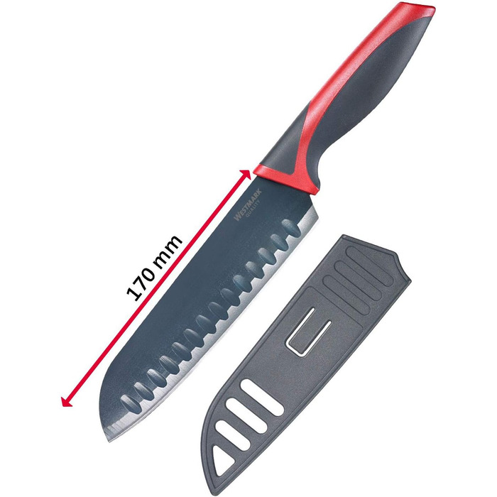 Набор ножей Westmark 5 шт., 1 большая разделочная доска и 4 ножа, разделочная доска 37 x 25,5 см, лезвие поварского ножа/ножа для хлеба 20 см каждое, лезвие универсального ножа 12 см, лезвие ножа для очистки овощей 8 см, 145222E6 (нож Santoku)