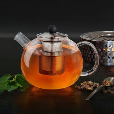 Скляний чайник Creano 1.3 л, скляний чайник із 3 частин із вбудованим ситечком з нержавіючої сталі та скляною кришкою, ідеально підходить для приготування сипучих чаїв, без крапель, все-в-одному (1,0 л)