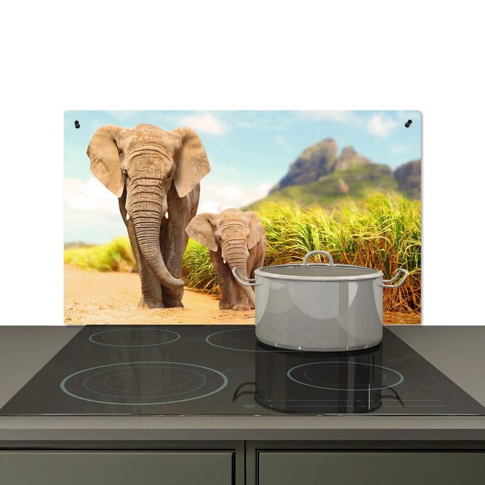 Фартух для плити, кухонний фартух, вініл, 78x52 см, декор для кухні, облицювання стіни, кришка для плити - сіро-чорна (слони - тварини, 52,7Д x 91,6Ш см)