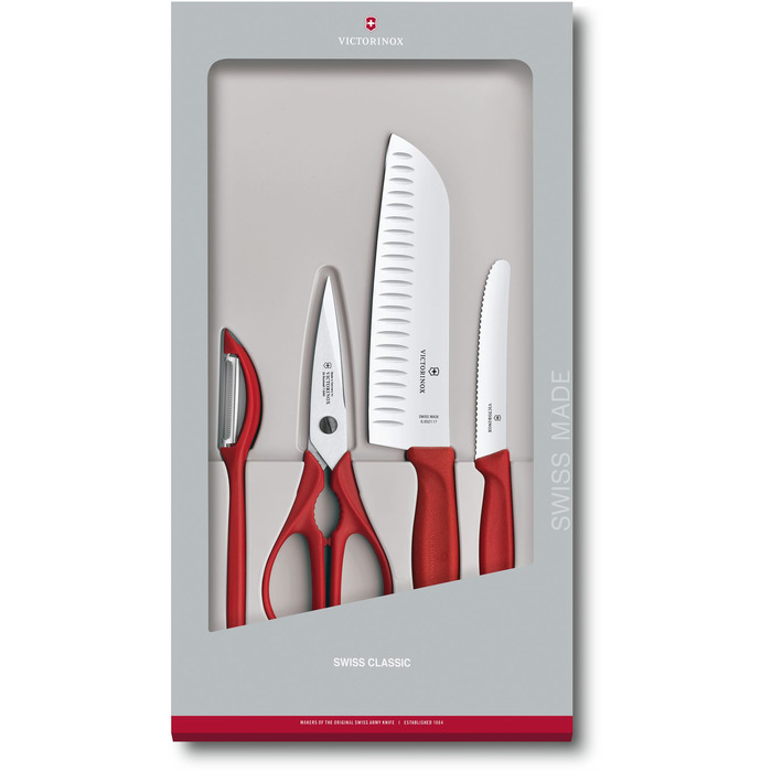 Набір кухонний Victorinox SwissClassic Kitchen Set 4шт з черв. ручкою (2 ножа, ножиці, овочечистка) у подар.упак.