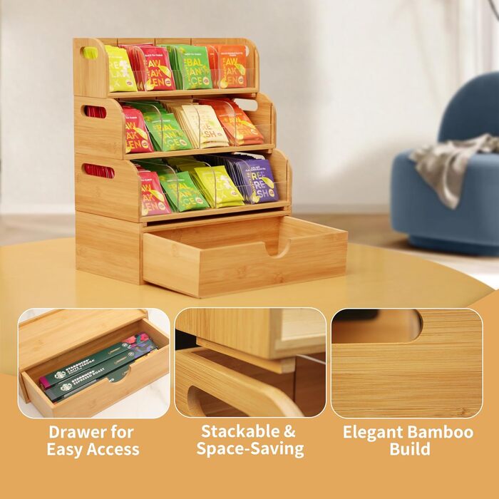 Шаровий органайзер для чайних пакетиків з бамбука з 3 полицями, що штабелюються, та 1 шухлядою, попередньо зібрана коробка для зберігання чайних пакетиків, кавових капсул, підсолоджувачів, спецій на кухні чи в офісі, 4-
