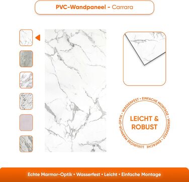 Стінові панелі IZODEKOR під мармур 60x120 см Панель для кухонного фартуха ПВХ-облицювання стін для кухні, ванної кімнати Бризкозахисний екран для кухні Водонепроникний та термостійкий (4 панелі 4 монтажних клею, Carrara)