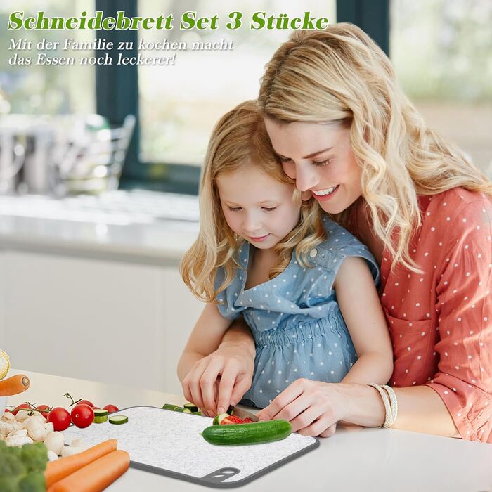 Набір обробних дощок BOCHION, пластикові дошки з іконками продуктів та піддоном, нековзні та без BPA, антибактеріальні дошки для риби, овочів, фруктів, мяса, хліба (набір з 3 шт., білі)