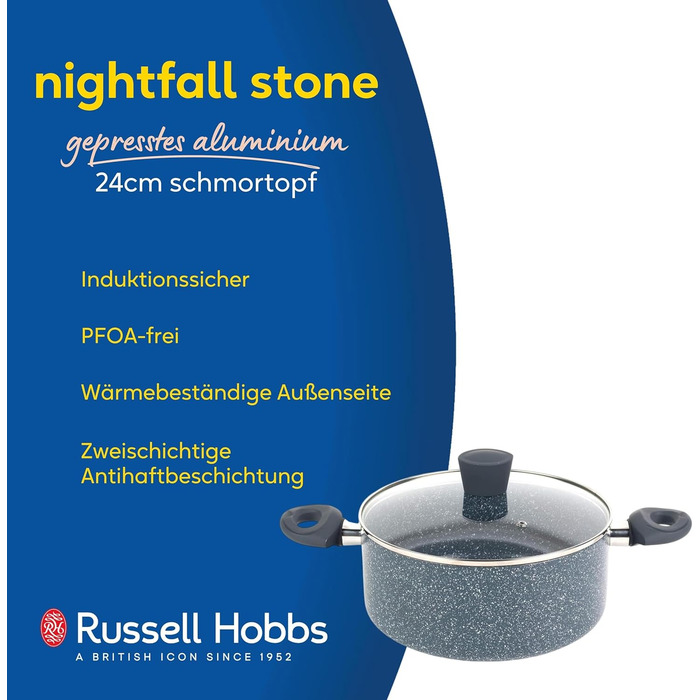 Каструля Russell Hobbs RH00845EU з антипригарним покриттям - 18 см/2 л з кришкою із загартованого скла, індукційна каструля, каструля для овочів/супу з бакелітовою ручкою та термостійким зовнішнім покриттям, камінь Nightfall (2,5 літра)