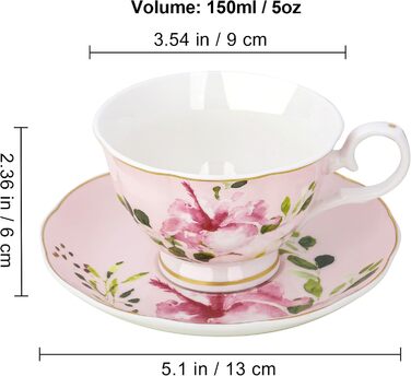 Чайні чашки з блюдцями Fanquare з квітковим візерунком, набір з 6 шт. , різноманітні порцелянові кавові чашки з пастельними квітковими принтами та золотим обідком, придатні для миття в посудомийній машині та заморожування, рожеві та блакитні