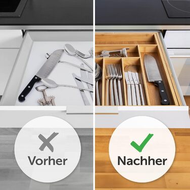 Бамбуковий лоток для столових приборів Blumtal - Регульований роздільник для шухляд для кухні - Органайзер для столових приборів з 7-9 відділеннями - Висувна шухляда для кухонних шухляд - Великий, гнучкий органайзер для столових приборів - 7-9 відділень