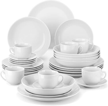 Серія Amelia, порцеляновий набір посуду на 6 персон, порцеляновий столовий сервіз, білий комбінований сервіз преміум-класу, з 6 обідніми тарілками, 6 тарілками для тортів, 6 глибокими тарілками та 6 мисками кожна. Набір посуду на 6 (30, білий)