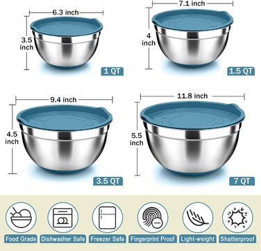 Миски для смешивания Herogo с герметичными крышками, набор из 4 шт. Миски для раскладки из нержавеющей стали с подходящими крышками и нескользящим силиконовым основанием, размер 4, 7, 3,5, 1,5, 4 больших металлических миски для смешивания, (синие)