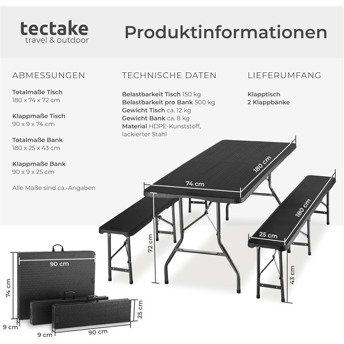 Комплект садовой мебели из 3 предметов черный tectake